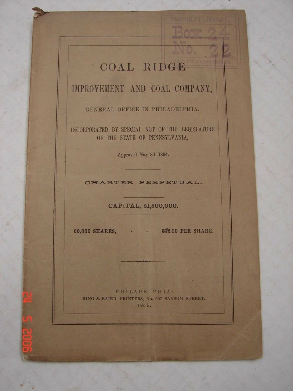 Lvrr Coal Ridge Improvement & Coal Co. 1864 Map Ashland, Pa Mount Carmel,pa