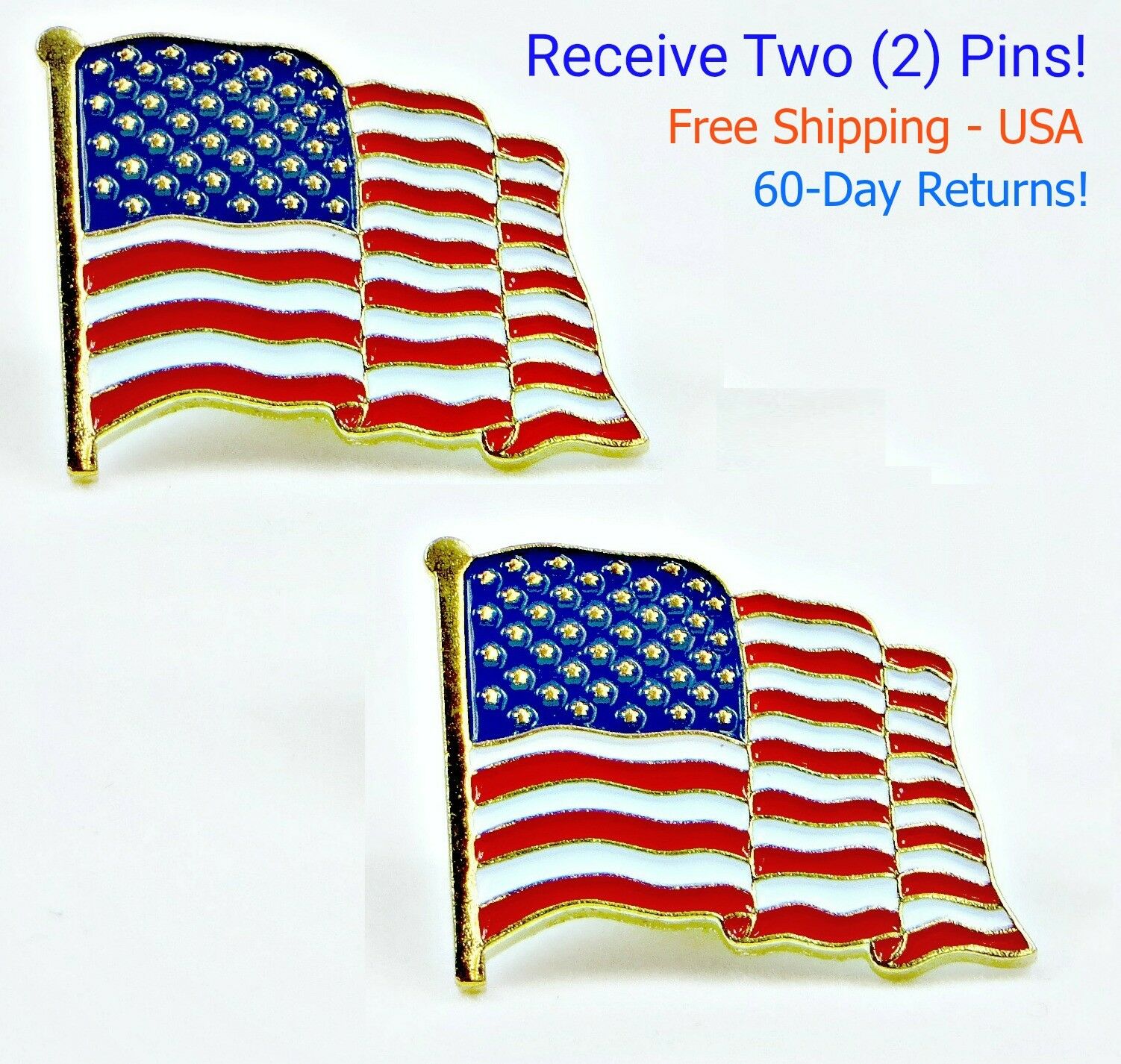2  High Quality American Waving Flag Lapel Pins Hat Patriotic Us U.s. Usa U.s.a.