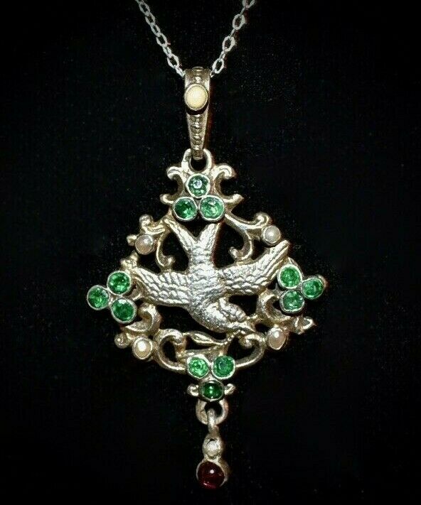 Spectacular! Antique 800 Silver Austro Hungarian *jeweled Bird* Pendant Necklace