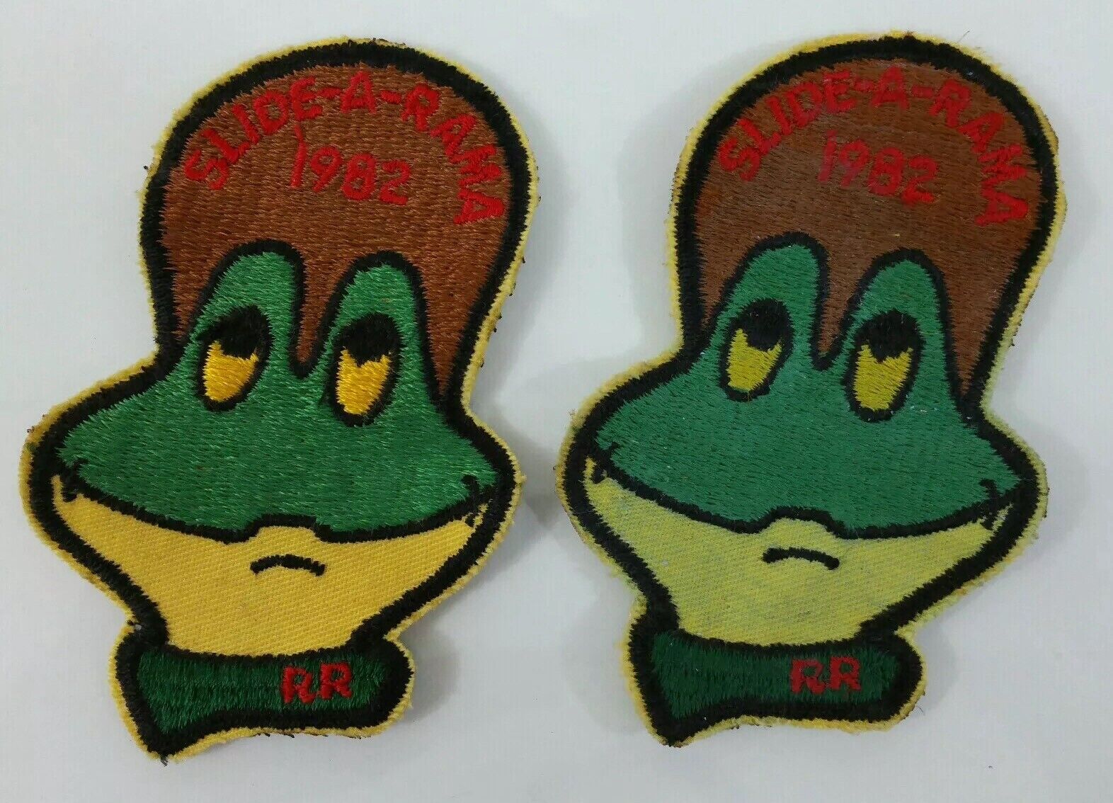 (2) Vintage 1982 Slide-a-rama Frog Embroidered Sew On Patches