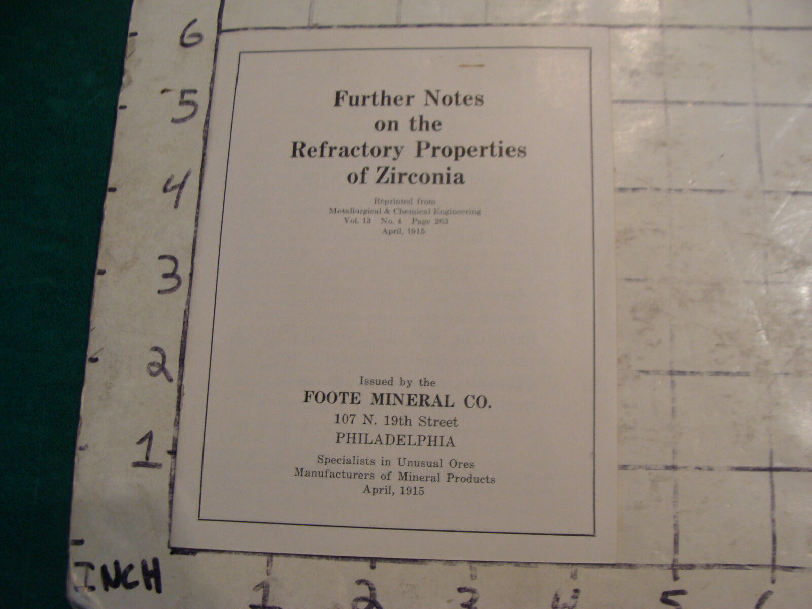 Vintage Mineral Brochure: Further Notes On The Refractory Porp Of Zirconia 1915