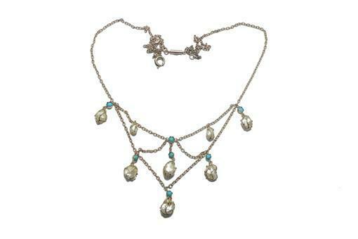 Lovely Antique Edwardian English 9k Gold Baroque Pearl & Turquoise Swag Necklace