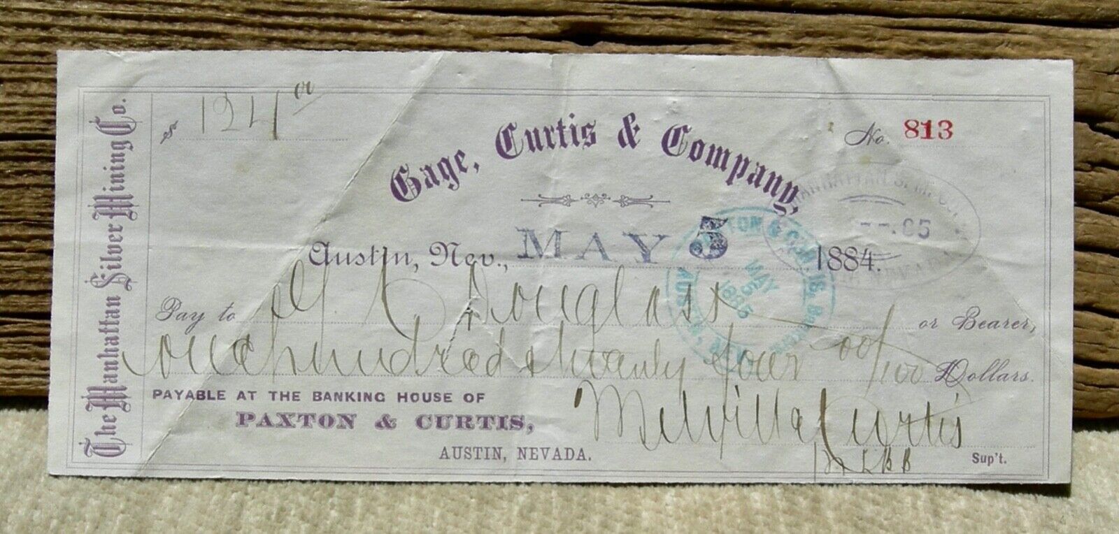 Ca 1884 Austin Nevada (lander Co Mining) "manhattan Silver Mining Co" Mine Check