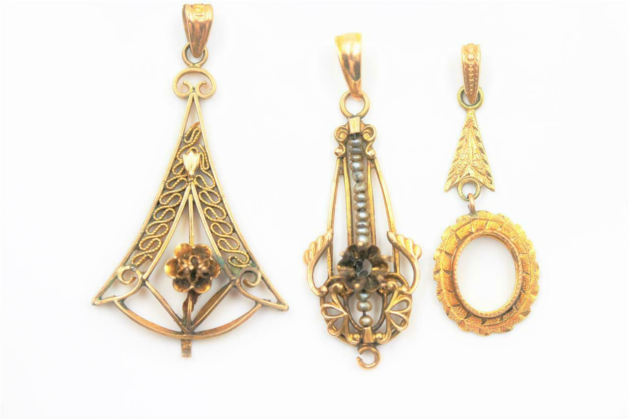 Antique Victorian 10k Solid Gold Lot Of 3 Lavalier Necklace Pendants For Repair