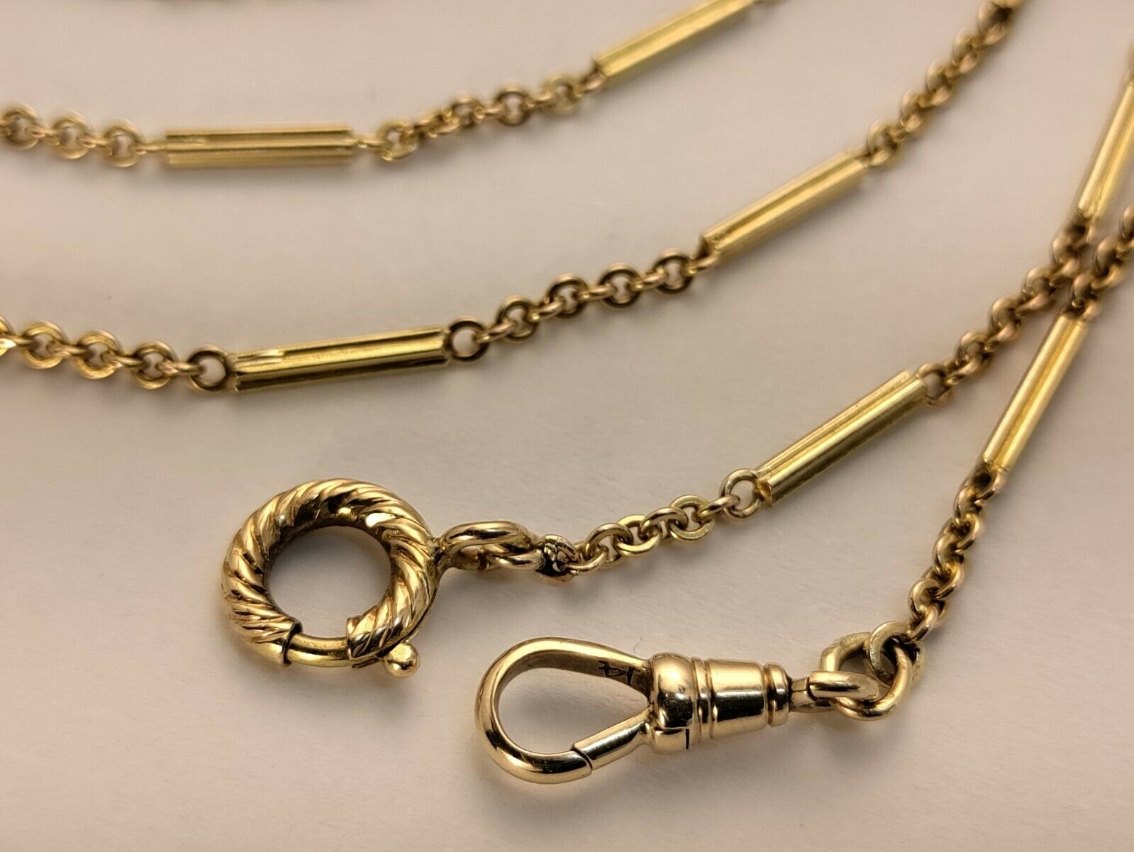 33" Victorian Solid 14k Yellow Gold 2mm Fancy Bar Watch Chain With Dog Clip