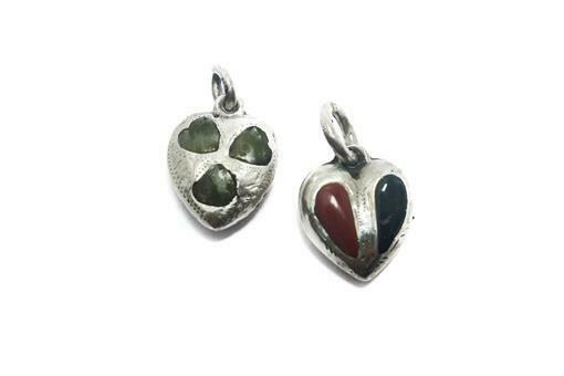 Pair Of Antique Scottish Sterling Silver Agate Puffed Heart Charms C1890