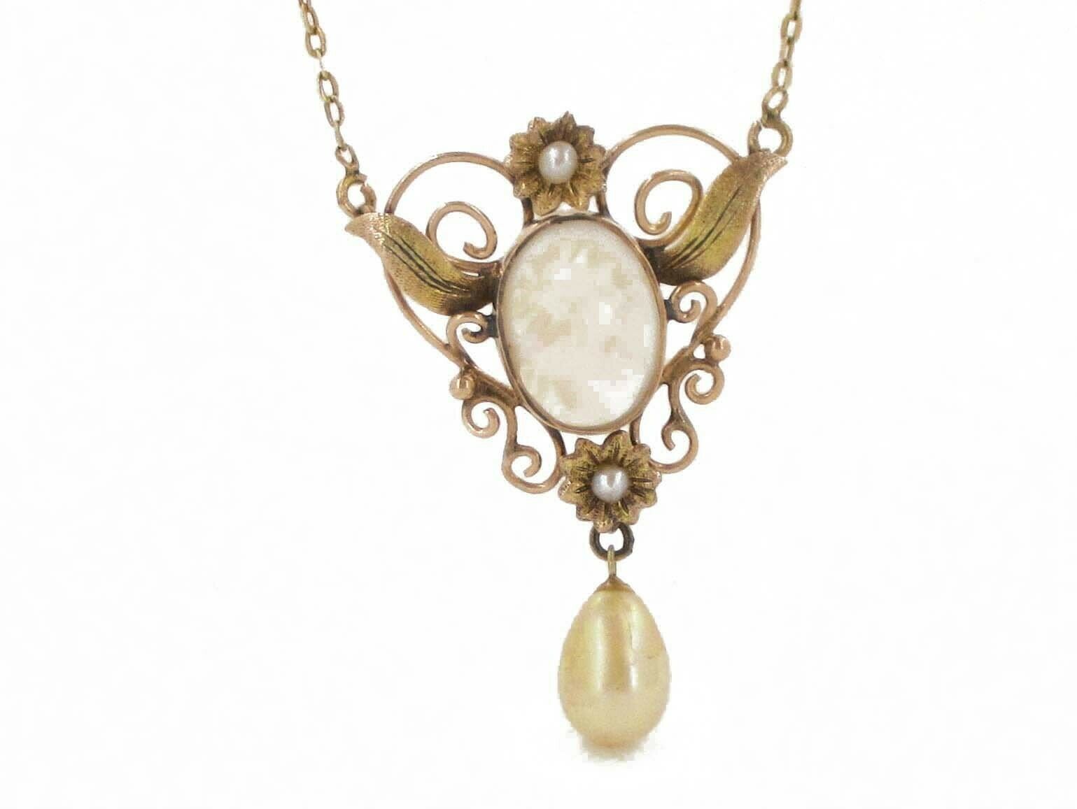 Antique Victorian 10k Yellow Gold Natural Cameo Pearl Necklace 3.9g 18"l I3699