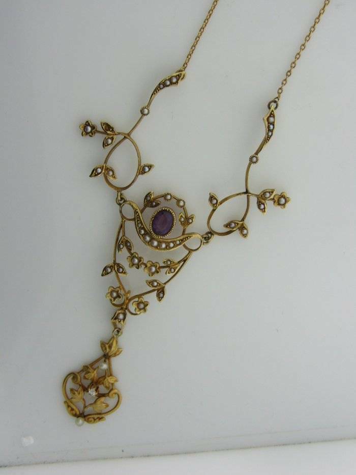 Victorian Amethyst Pearl Diamond 14k Yellow Gold Lavaliere Necklace 913200