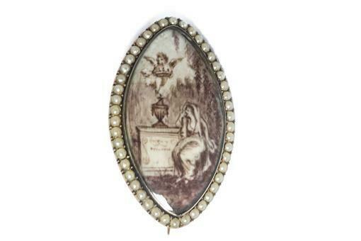 Antique English Gold Pearl Sepia Miniature Mourning Pendant / Brooch C1780