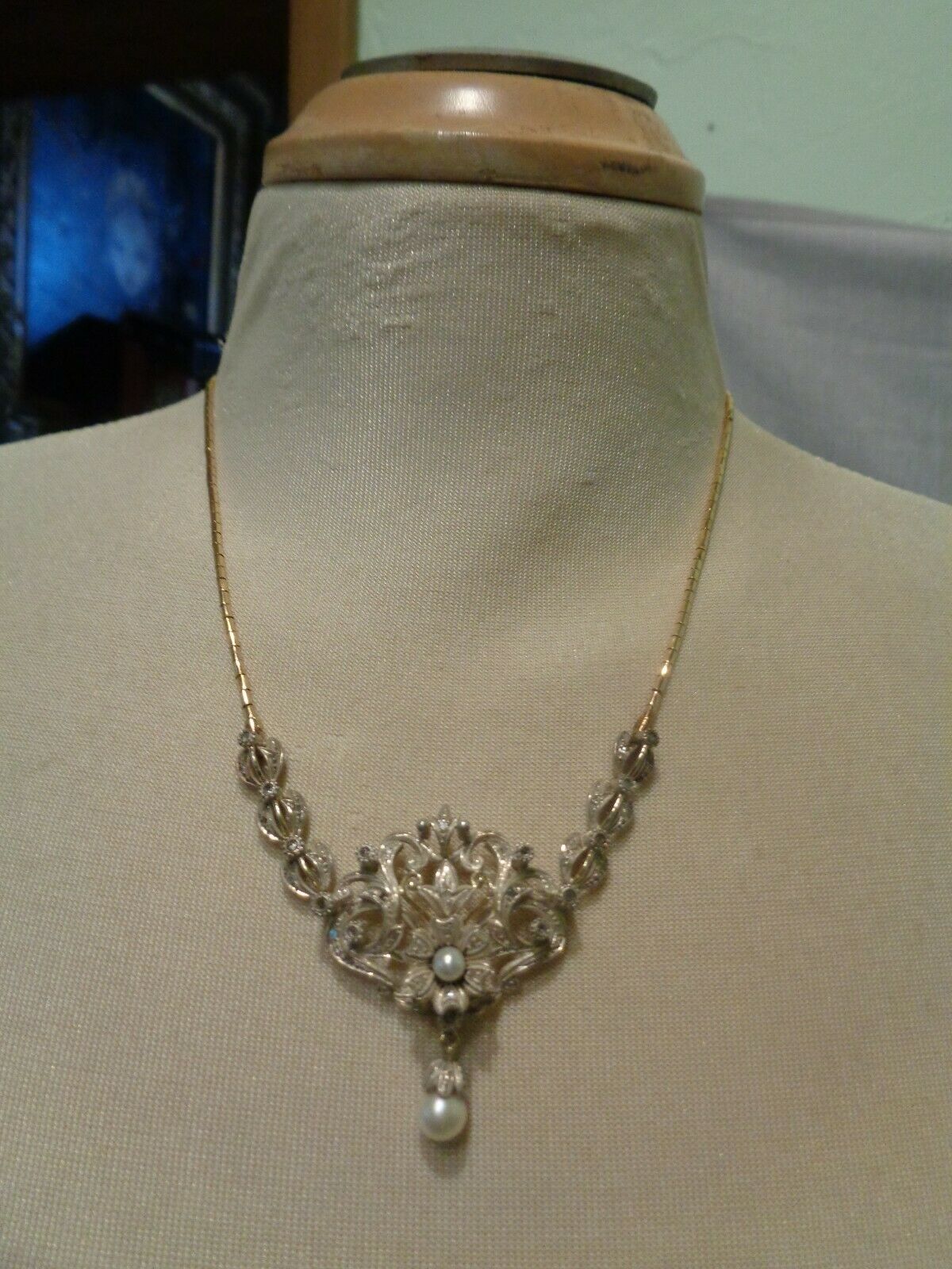 Antique Victorian 10-18kt White & Yellow Gold 49 Diamond & Pearls Necklace (110)