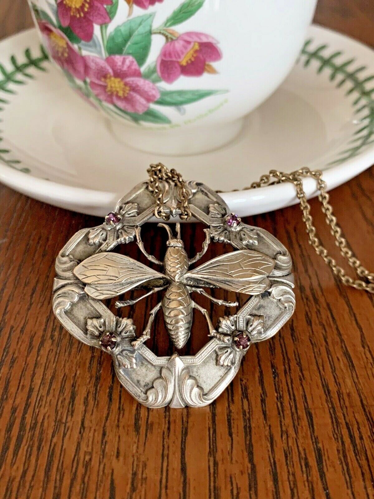Bug Art Nouveau French Belle Époque Silver Honey Bee Bug Pendant Necklace Chain