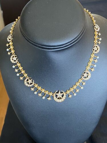 Antique Victorian 14k-22k Diamond & Pearl Crescent Moon &star Necklace Choker