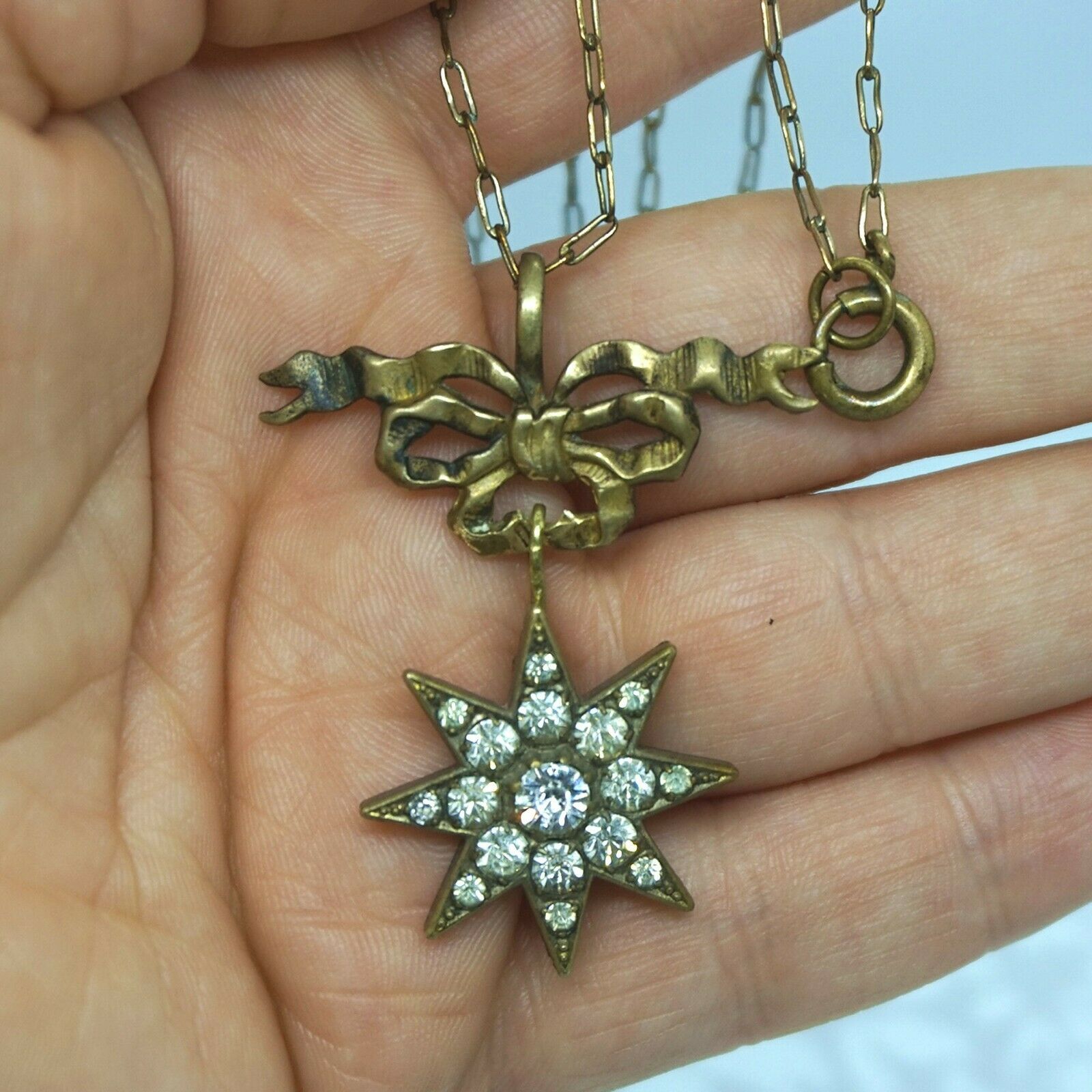 Outstanding Victorian Star Burst Mine Cut Diamond Paste Ribbon Necklace Pendant