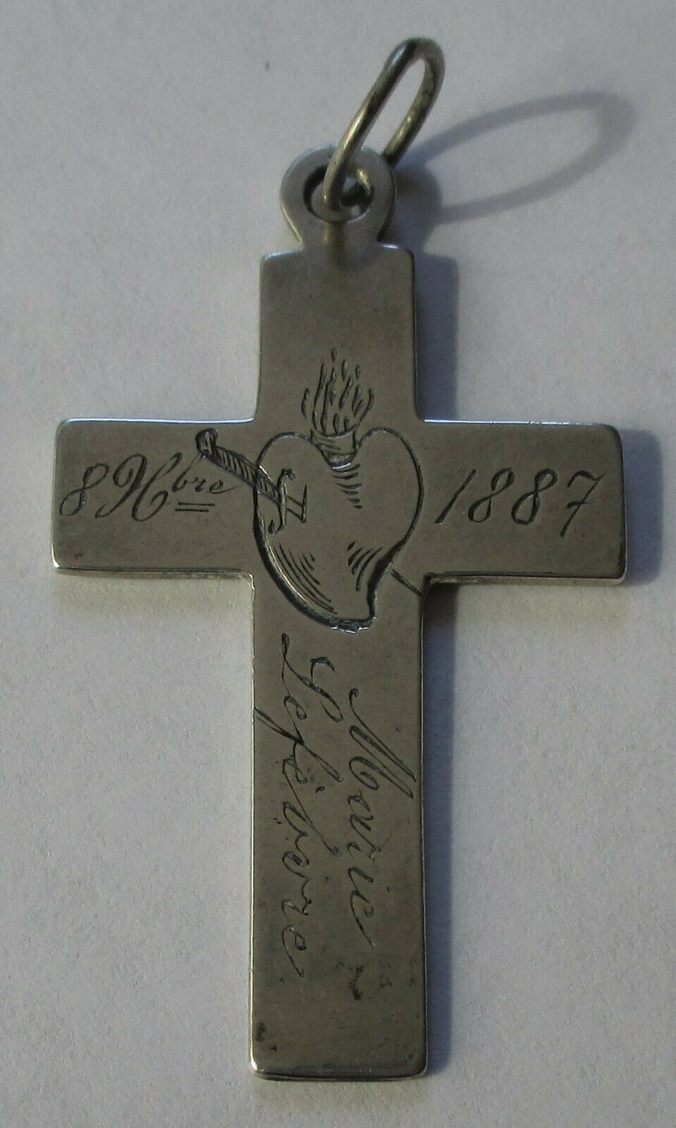 Antique Victorian Engraved Dated 1887 French Nun's Cross Sacred Burning Heart