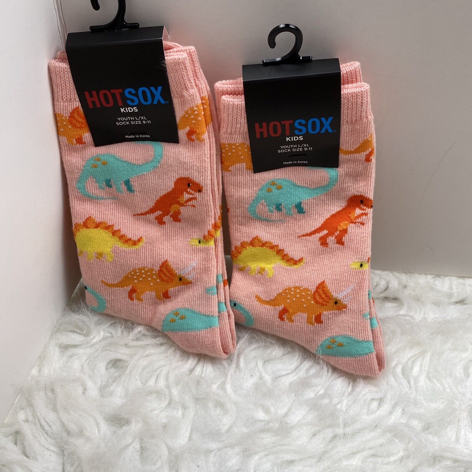 New Hot Sox Dinosaurs Socks Lot Of 2 Girls Youth L/xl Peach Sock Size 9-11