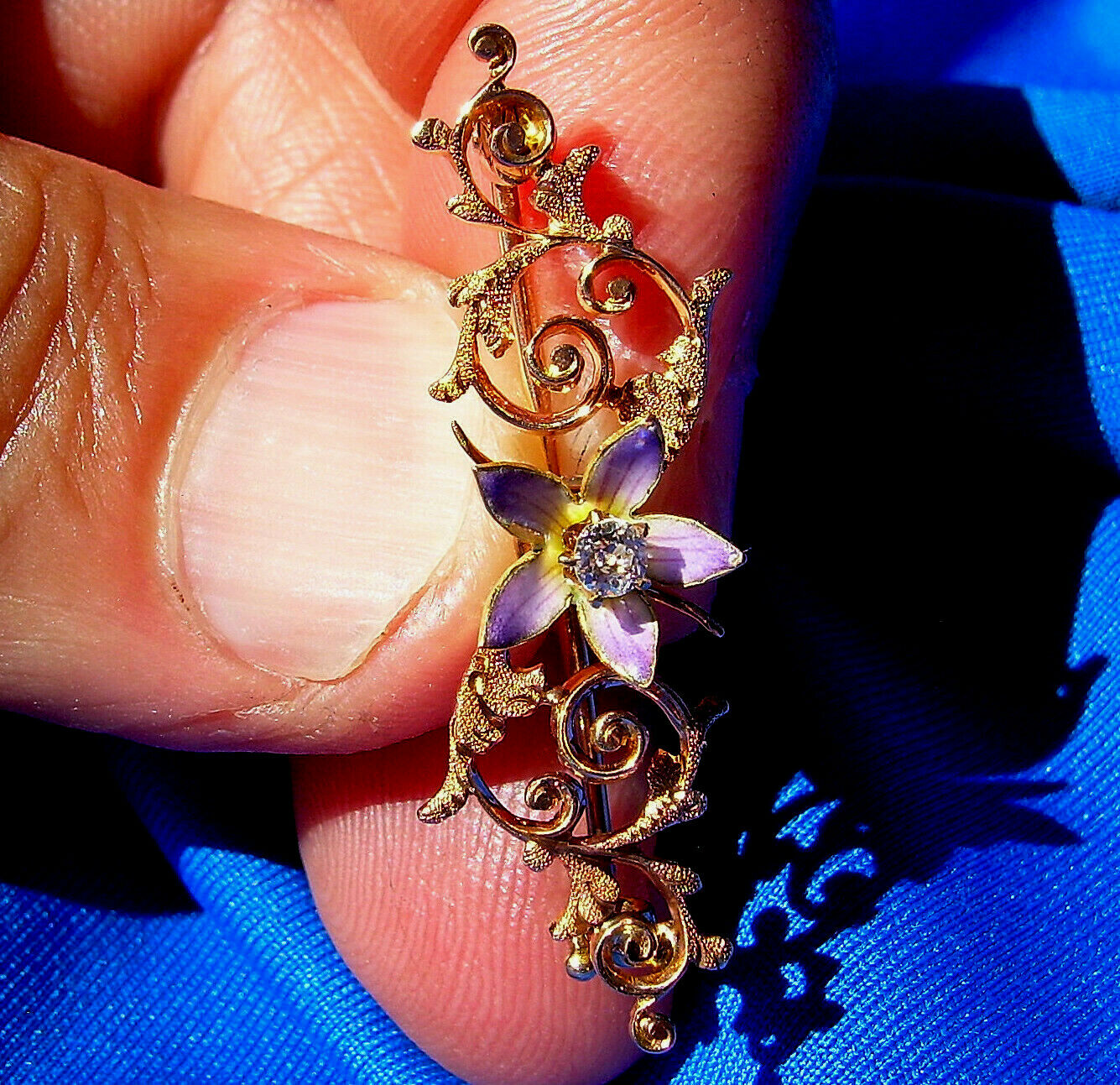 Real Antique Natural Diamond Enamel Pin Vintage Deco Flapper Brooch Pendant 14k