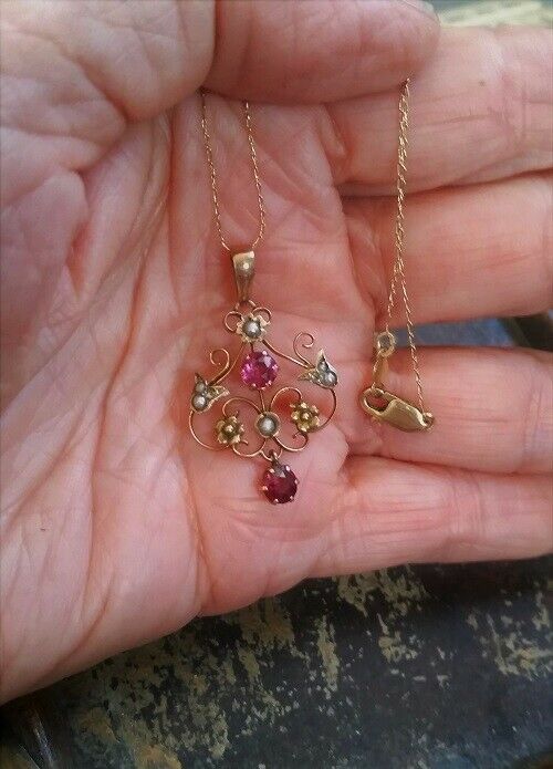 Antique Victorian Edwardian Era 14k Gold Lavalier Pink Sapphires And Seed Pearls