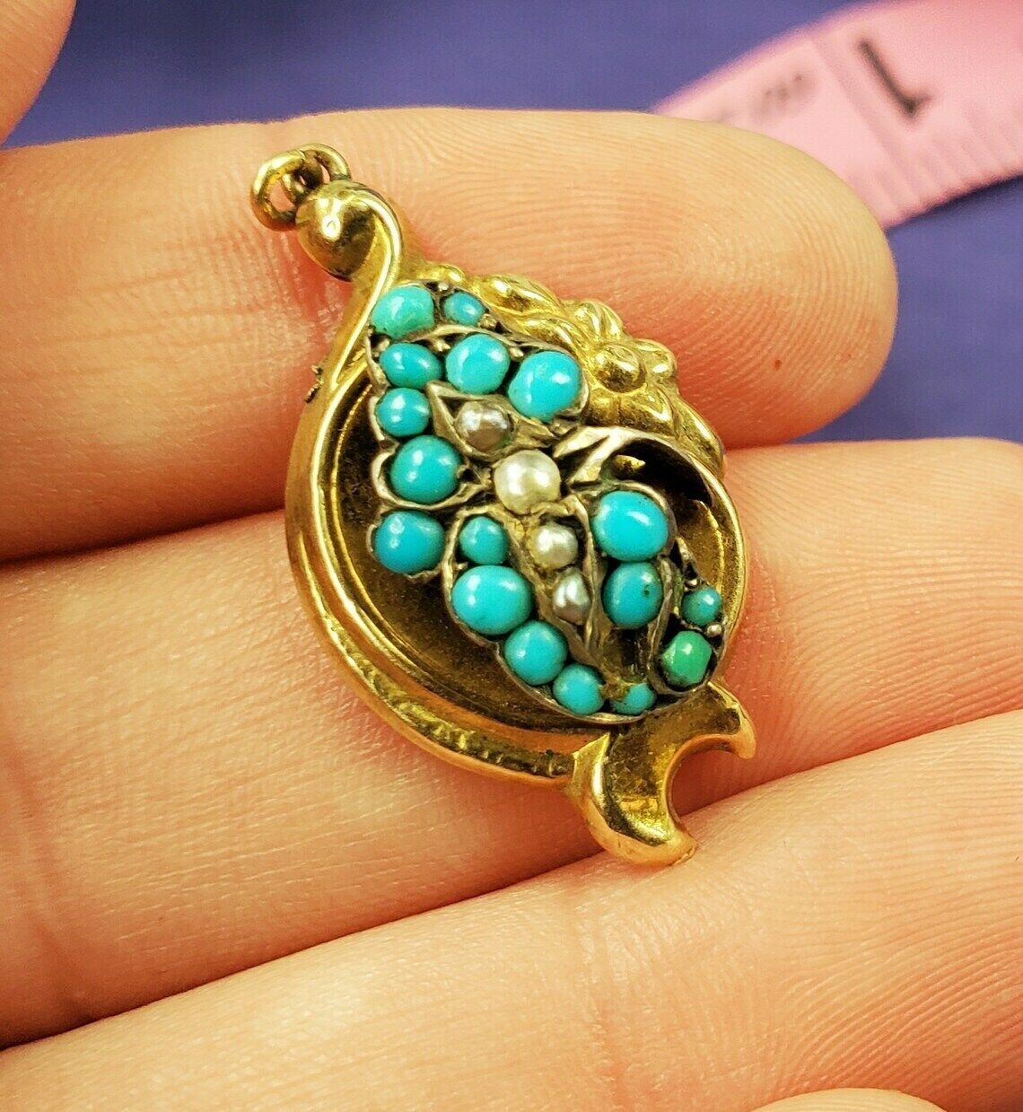 Solid Gold Antique Charm Victorian Era Turquoise Seed Pearl Pendant Unusual
