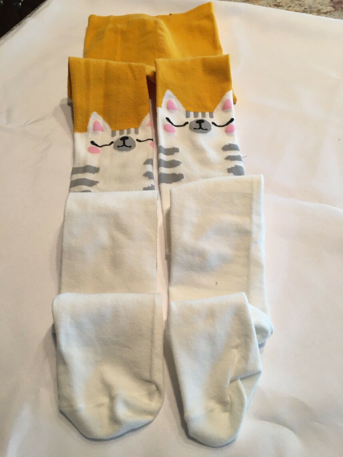 Girls Sweater Tights, Gold /gray Stripe With Cat Knee Detail, 12-14