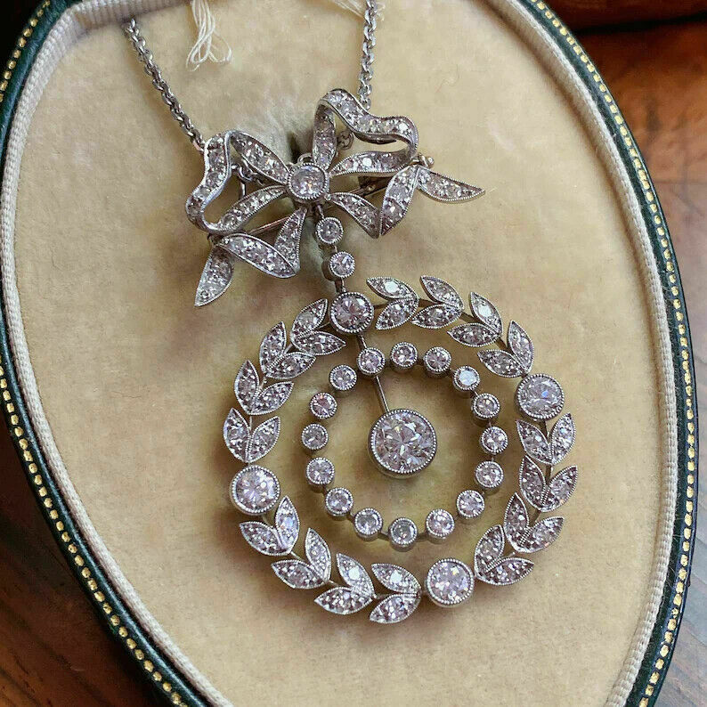 Antique Wedding Victorian Edwardian Pendant 14k White Gold Over 2.68 Ct Diamond